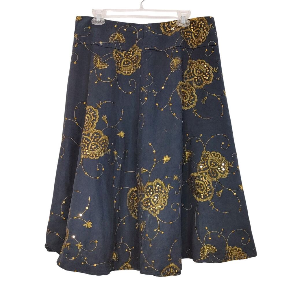 Richard Malcolm A LIne Midi Skirt Floral Sequin Embroidered Gold Black Womens 14